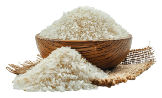 Uncooked white rice in wooden bowl, cut out - stock . png
