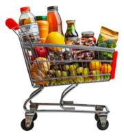 Full shopping cart with groceries, cut out - stock . png