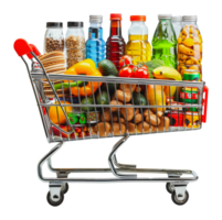 Full shopping cart with groceries, cut out - stock . png