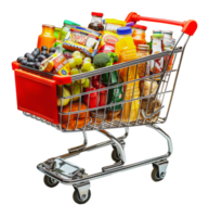 Full shopping cart with groceries, cut out - stock . png