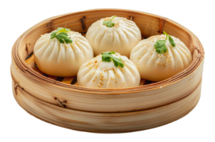 Steamed buns in bamboo steamer, cut out - stock . png