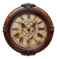 Antique round wooden wall clock, cut out - stock . png