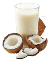 Fresh coconut and glass of coconut milk, cut out - stock . png