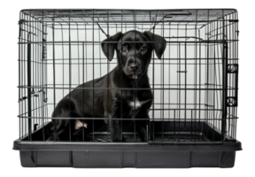 Black puppy in a wire crate looking out, cut out - stock . png