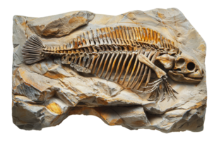 Detailed fish fossil on rock, cut out - stock . png