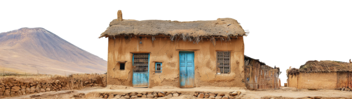 Traditional mud house with mountain view, cut out - stock . png