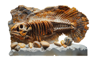 Detailed fish fossil on rock, cut out - stock . png