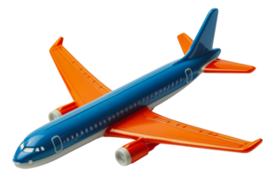 Bright orange and blue toy airplane, cut out - stock . png