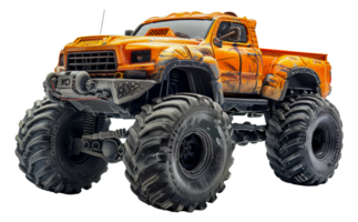 Orange monster truck with oversized tires, cut out - stock . png