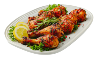 Grilled chicken drumsticks with lemon and herbs on white plate, cut out - stock . png