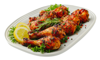 grillé poulet pilons avec citron et herbes sur blanc plaque, Couper en dehors - Stock . png