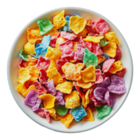 Bright colorful cornflakes in a white bowl, cut out - stock . png