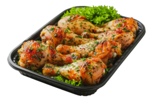 Marinated chicken drumsticks ready for grilling in black tray, cut out - stock . png