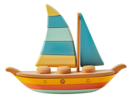 Wooden toy sailboat with colorful sails, cut out - stock . png