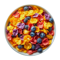 Bright colorful cornflakes in a white bowl, cut out - stock . png