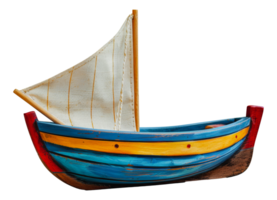 Wooden toy sailboat with colorful sails, cut out - stock . png