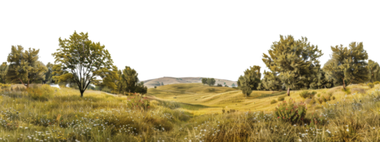 Panoramic view of meadow landscape with trees and hills, cut out - stock . png