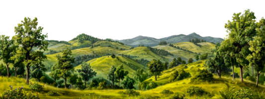 Panoramic view of meadow landscape with trees and hills, cut out - stock . png