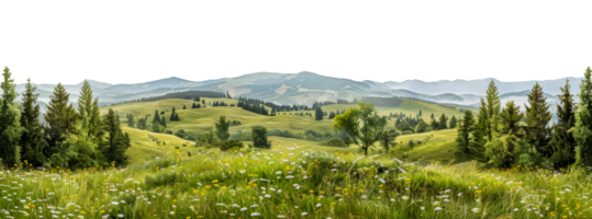 panoramique vue de Prairie paysage avec des arbres et collines, Couper en dehors - Stock . png