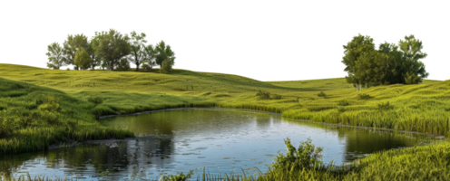 Serene river flowing through a vibrant green landscape, cut out - stock . png