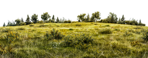 Panoramic view of meadow landscape with trees and hills, cut out - stock . png