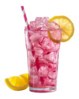 Refreshing pink lemonade with ice and lemon slices, cut out - stock . png