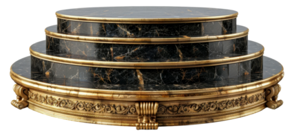 Luxurious black marble and gold pedestal with ornate details, cut out - stock . png