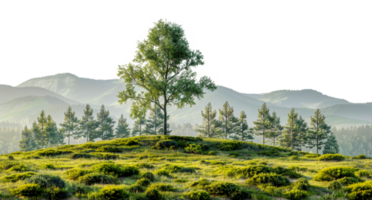 Panoramic view of meadow landscape with trees and hills, cut out - stock . png