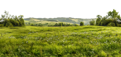 Panoramic view of meadow landscape with trees and hills, cut out - stock . png