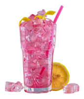 Refreshing pink lemonade with ice and lemon slices, cut out - stock . png