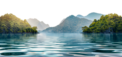 Tranquil tropical mountain lake with lush greenery, cut out - stock . png