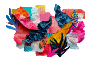 Vibrant abstract collage made from colorful paper cutouts, cut out - stock . png