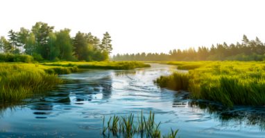 Serene river flowing through a vibrant green landscape, cut out - stock . png