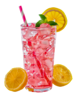 Refreshing pink lemonade with ice and lemon slices, cut out - stock . png