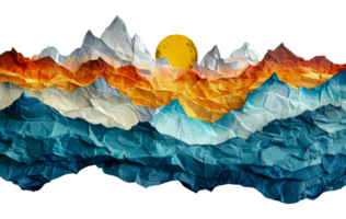 Crumpled paper art depicting a colorful mountain range, cut out - stock . png