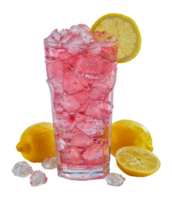 Pink soda with ice cubes and a slice of lemon, cut out - stock . png
