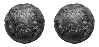 Black and white earth globes showing textures and topography, cut out - stock . png