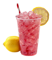 Refreshing pink lemonade with ice and lemon slices, cut out - stock . png