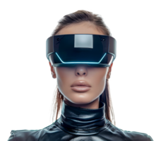 Futuristic female model wearing sleek VR headset, cut out - stock . png