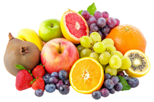 un' colorato assortimento di frutta Compreso mele, arance, uva - azione . png