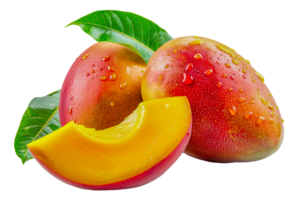 Fresh mango with dew drops and green leaf, cut out - stock . png