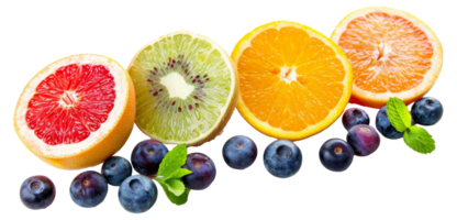 A row of fruit including oranges, kiwis, and blueberries - stock . png
