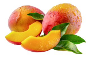 Fresh mango with dew drops and green leaf, cut out - stock . png