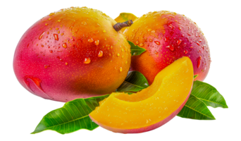 Fresh mango with dew drops and green leaf, cut out - stock . png