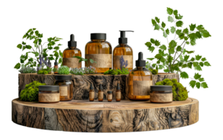 Eco-friendly wooden display with botanical arrangements and organic skincare products, cut out - stock . png