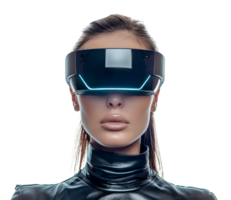 Futuristic female model wearing sleek VR headset, cut out - stock . png