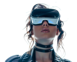 Dynamic female model in action pose with virtual reality gear, cut out - stock . png