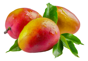 Fresh mango with dew drops and green leaf, cut out - stock . png