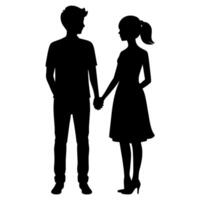 a young couple standing with holding hand each other, side by side silhouette vector