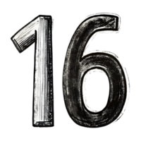 Hand-Drawn Grunge Number 16 - Black Marker Isolated on Transparent Background png